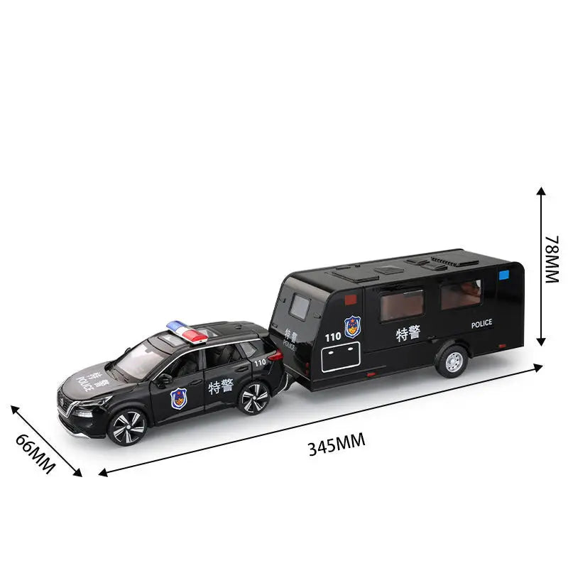 Black diecast metal RV camper truck model with sound and light features