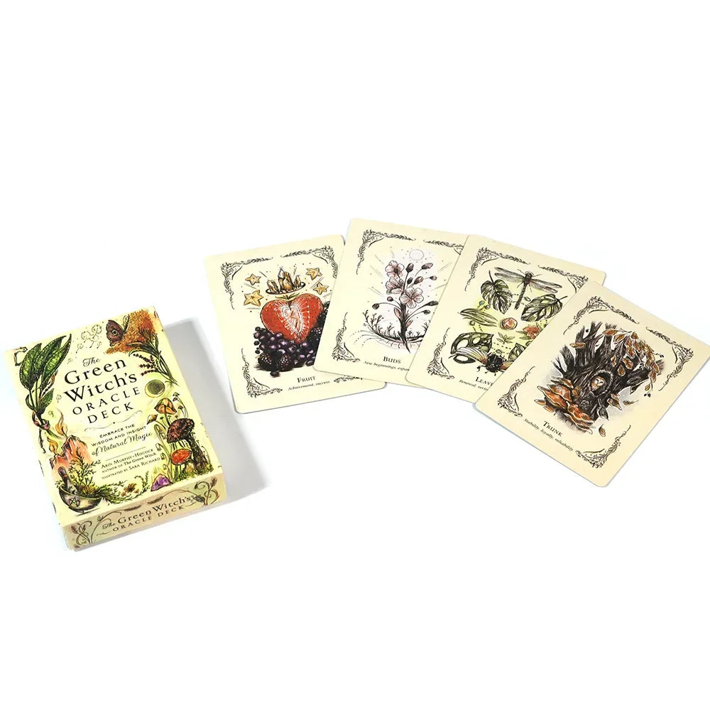 A collection of tarot-style oracle cards from The Green Witch's Oracle Deck featuring natural magic imagery.
