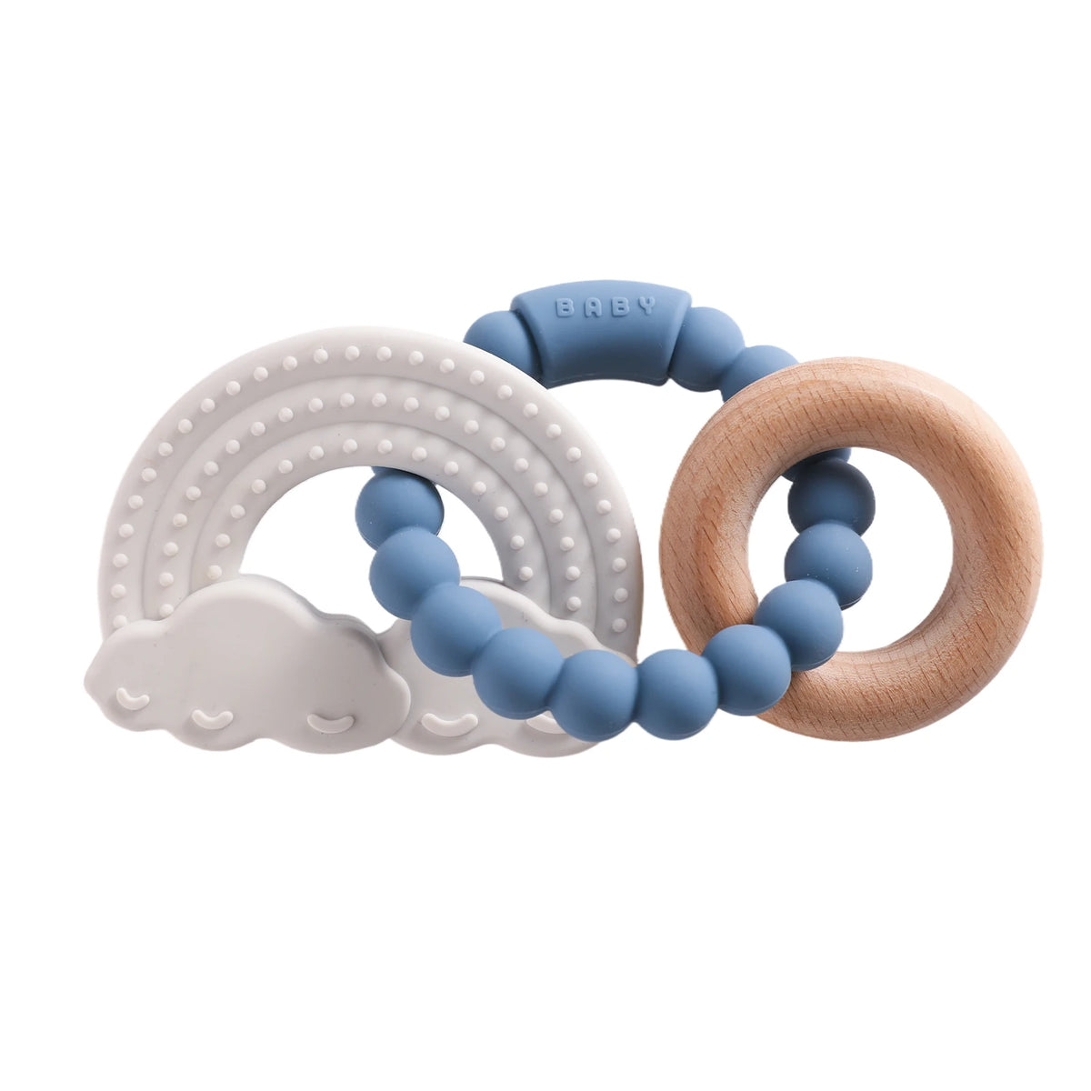 A set of food-grade silicone planet teethers in white, blue, and natural wood tones.