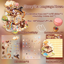 A set of Honey Tea Language House 3D stereoscopic scenery stickers including a scene card, PET stickers, and a rendering bott