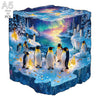 A jigsaw puzzle depicting a snowy arctic landscape with penguins and ice formations under a colorful sky.