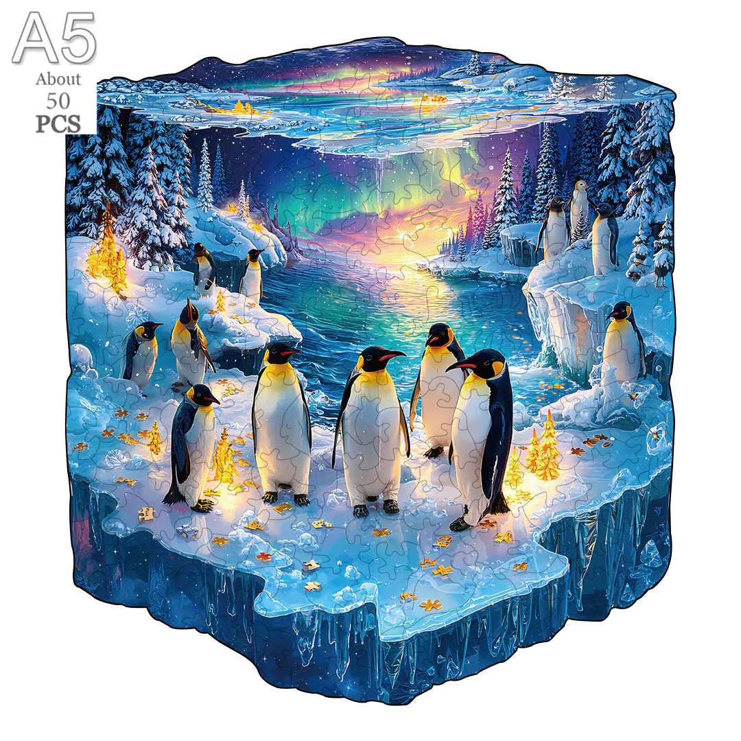 A jigsaw puzzle depicting a snowy arctic landscape with penguins and ice formations under a colorful sky.