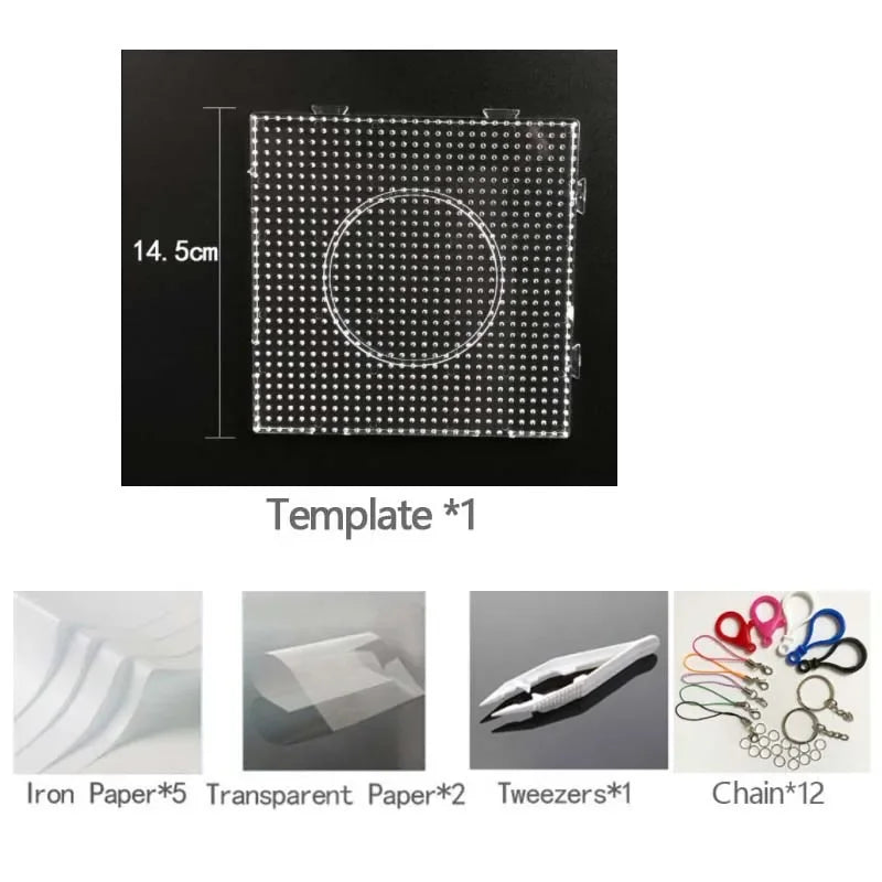 Template for DIY Fuse Beads Kit containing 1000 pieces of assorted 5mm colored beads.