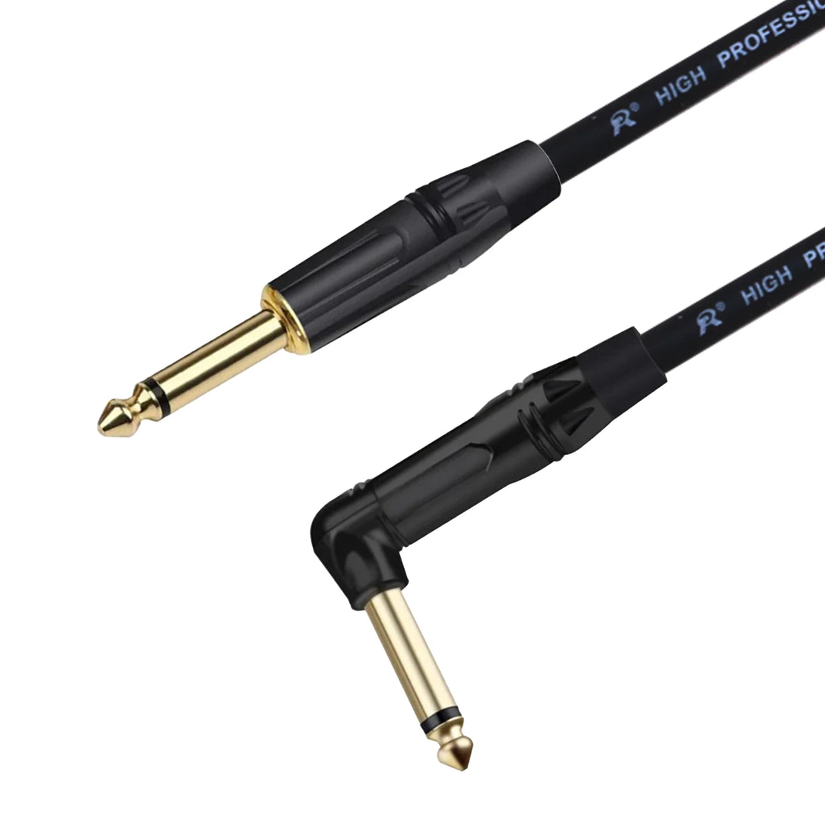 A black instrument guitar cable with a gold right-angle connector and a high-pressure tip.