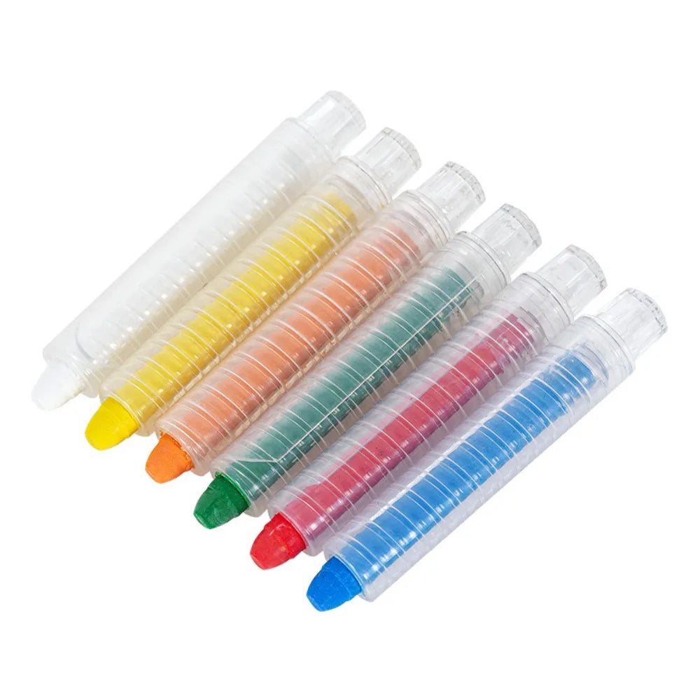 A set of twelve dustless washable chalk crayons in various colors arranged diagonally.