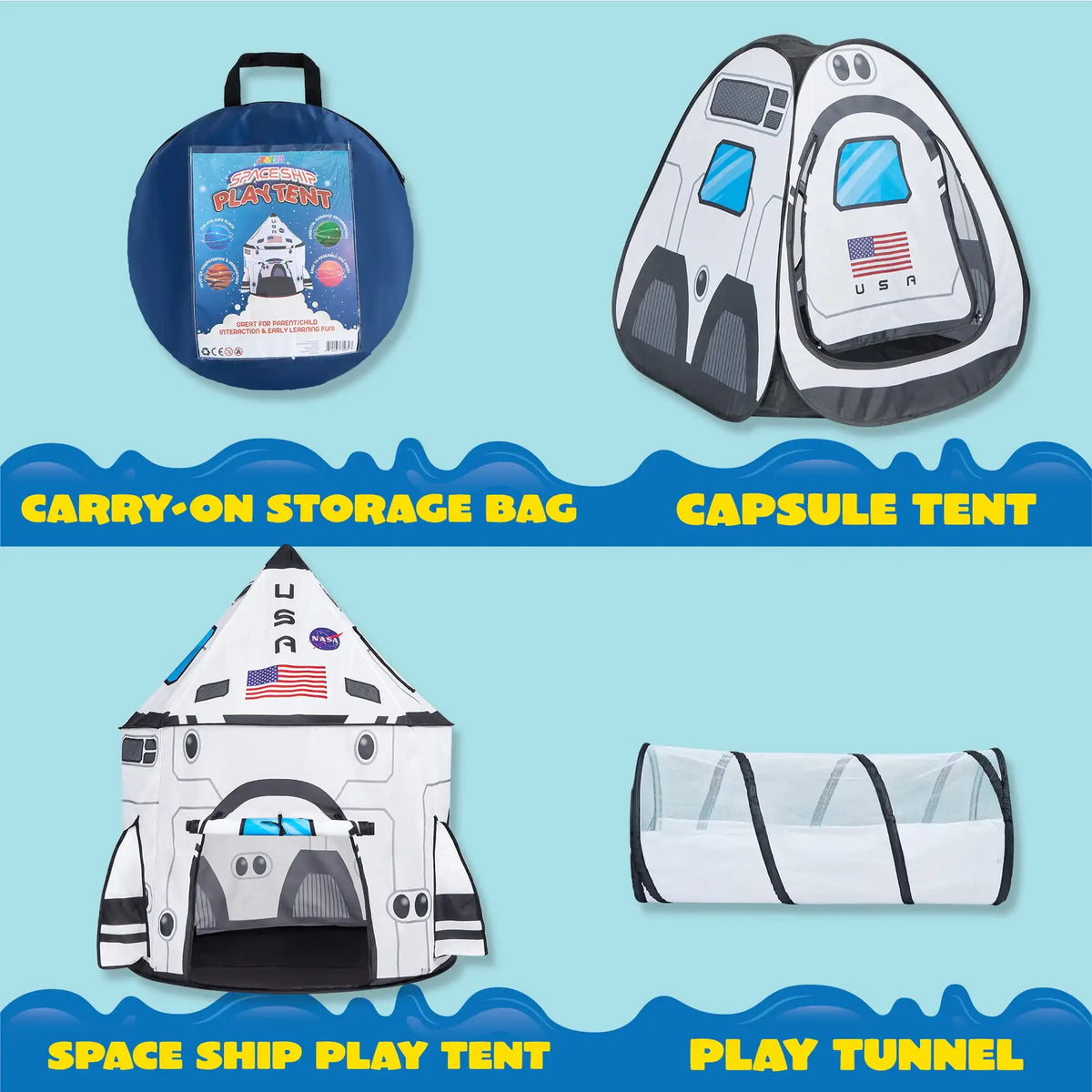 3-Piece Rocket Ship Play Tent Set with Tunnel and Cube