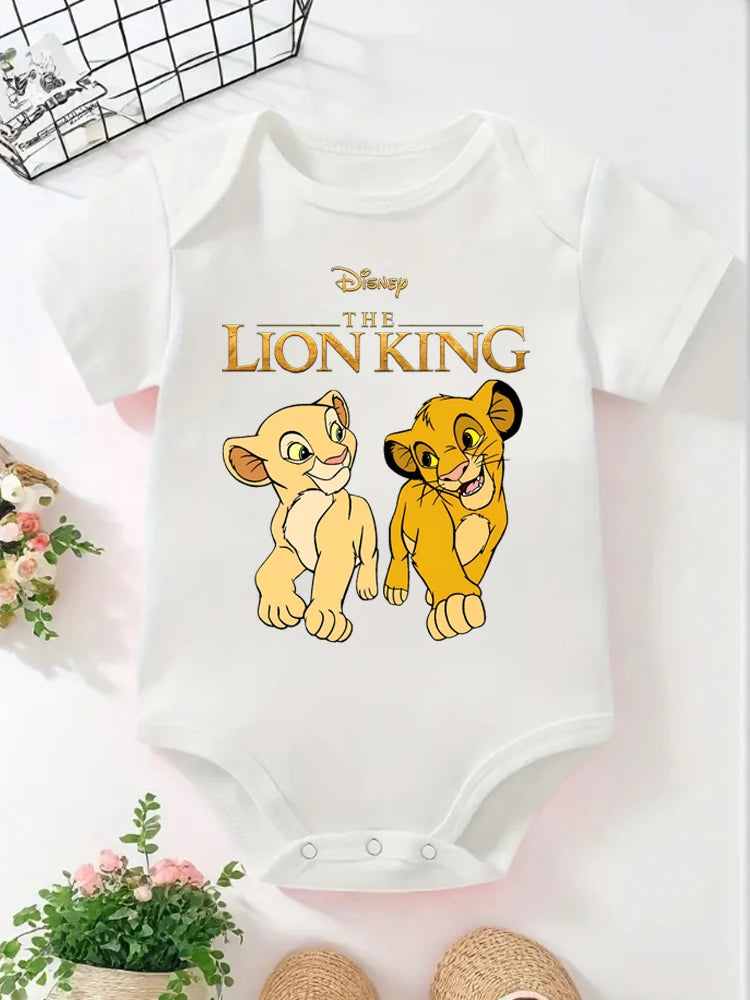 A white baby bodysuit featuring a Disney The Lion King print of Simba and Mufasa.