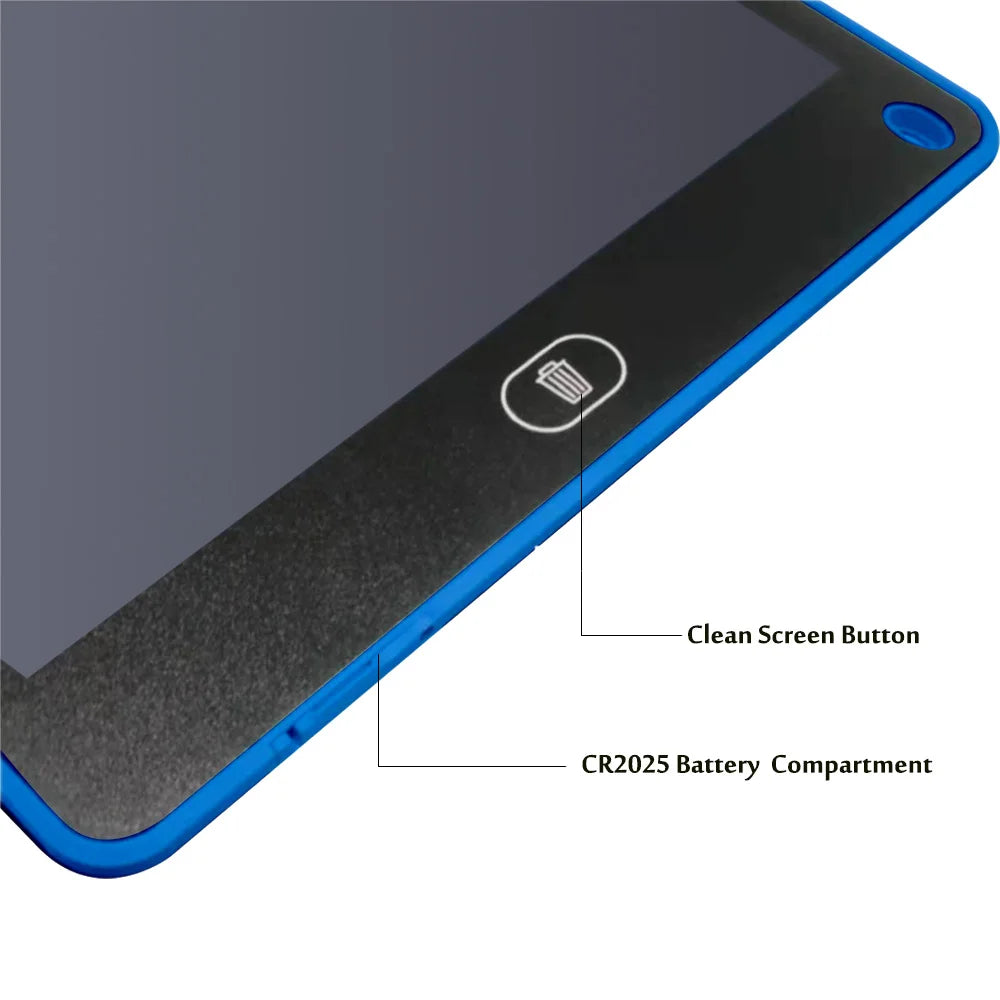 A close-up view of a black LCD writing tablet showing buttons and battery compartment details.