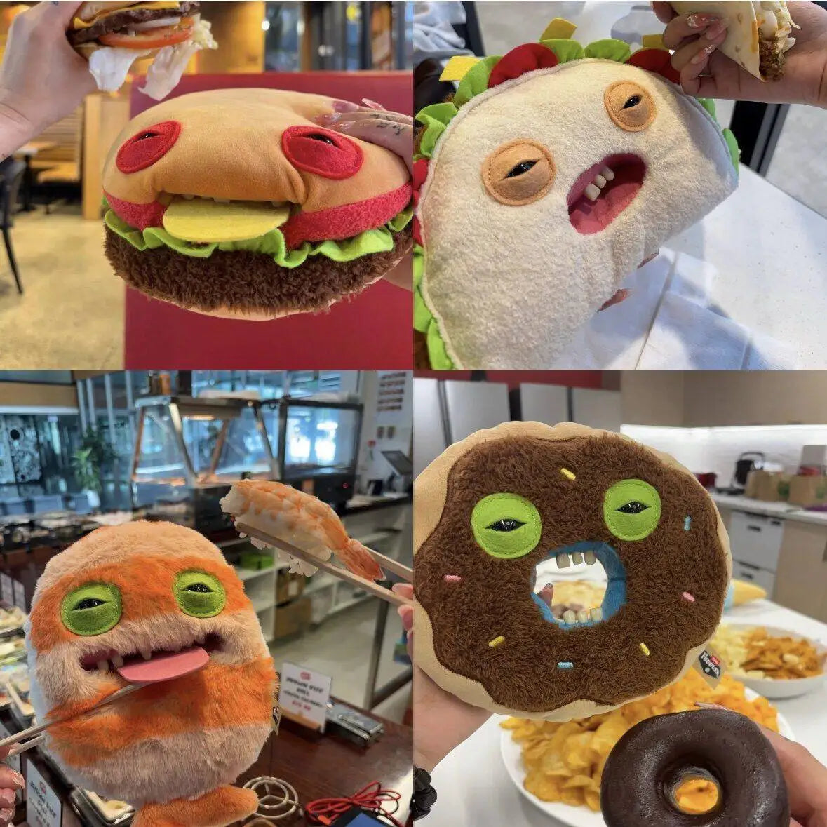 A close-up of a plush toy resembling an ugly cute monster, featuring orange fur and large eyes.