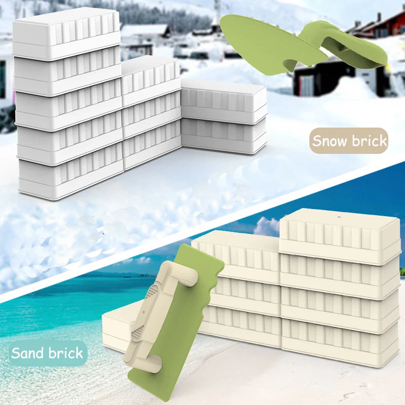 White and green sand bricks stacked in various configurations on a beach background