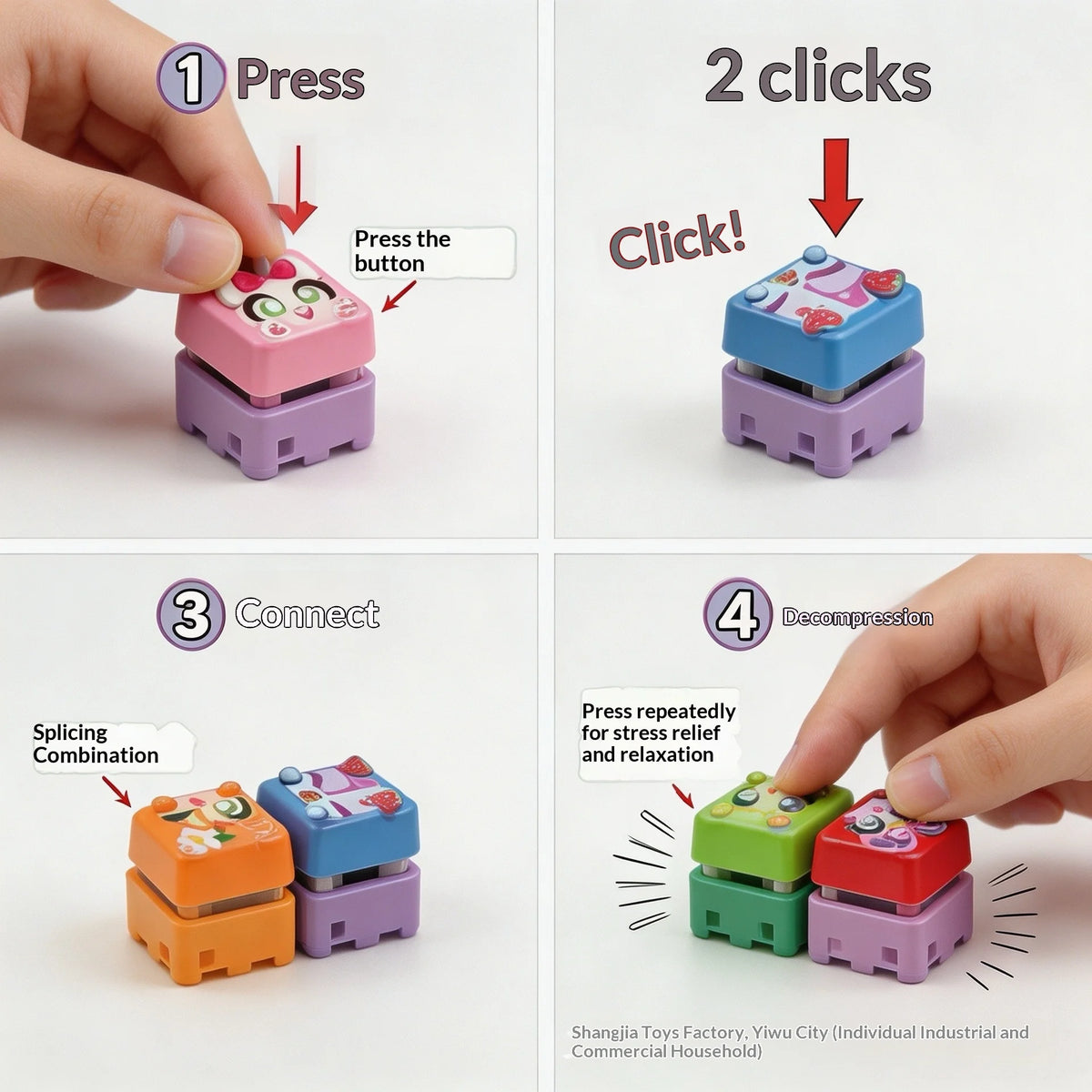 Step-by-step guide showing how to press, click, connect, and decompress an LED fidget keycap keychain.