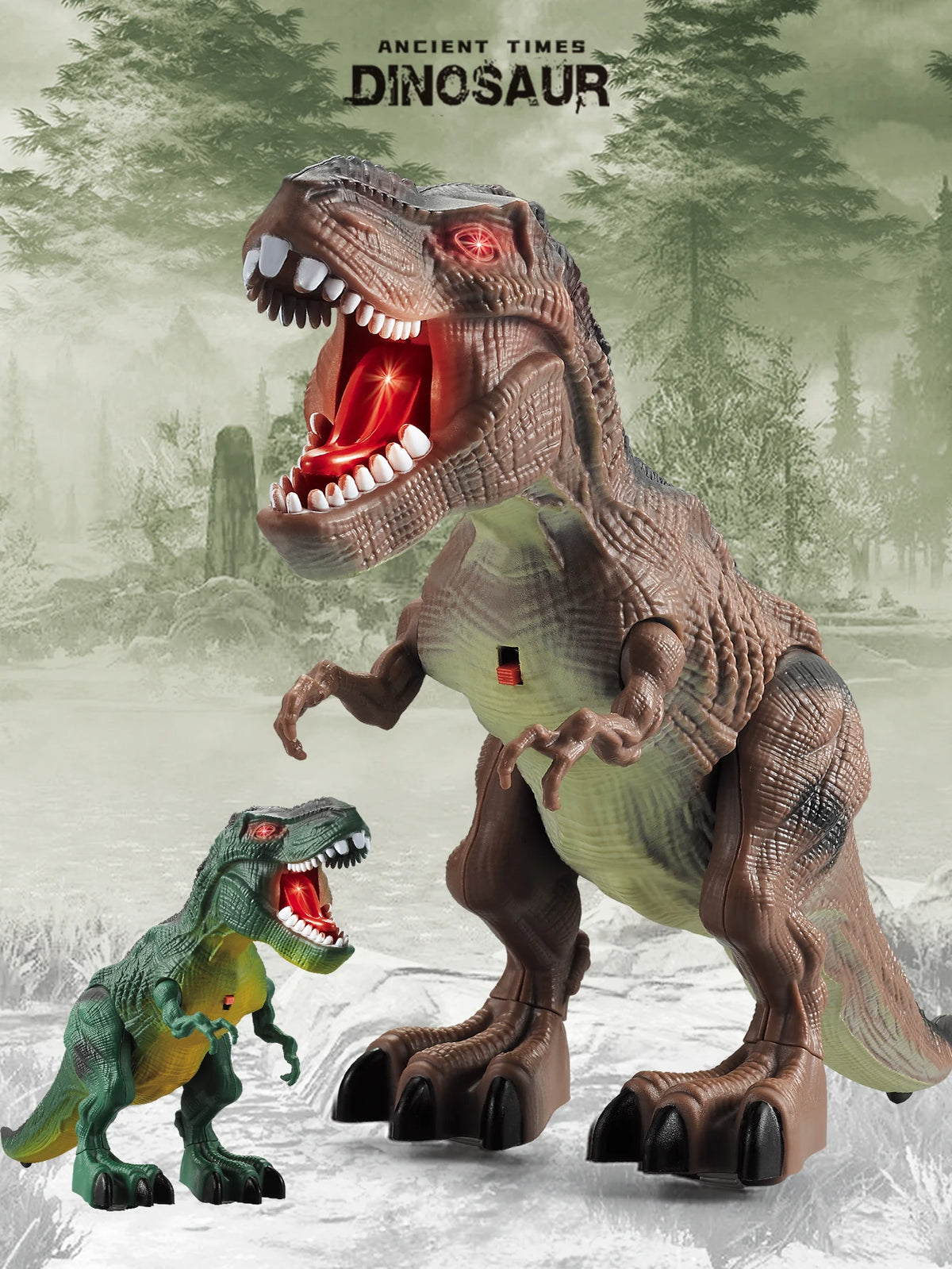 Figurine de dinosaure réaliste, un grand dinosaure brun debout sur un plus petit vert dans une forêt enneigée.