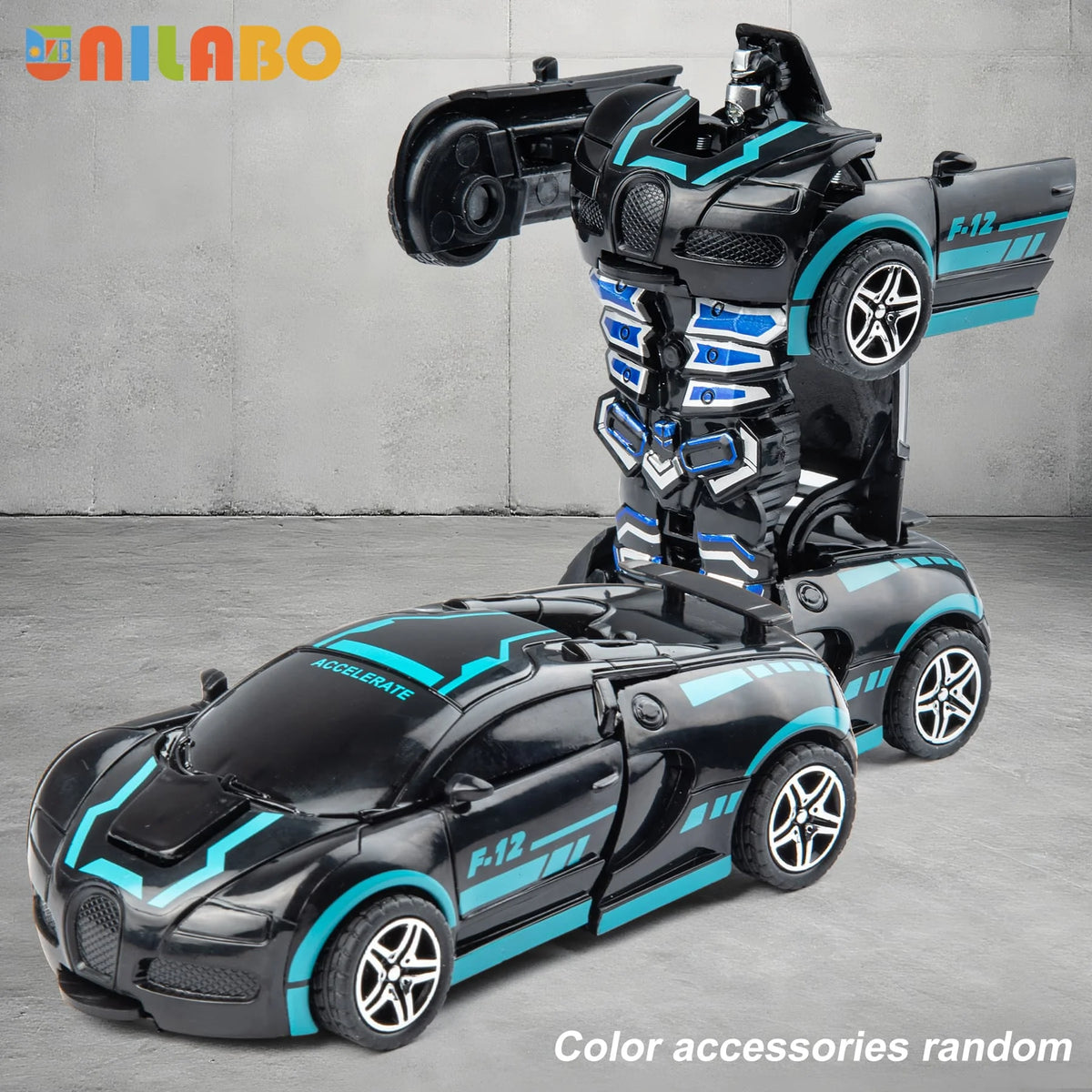 A black and blue transformable robot sports car toy with a robot figure, shown in a studio setting.