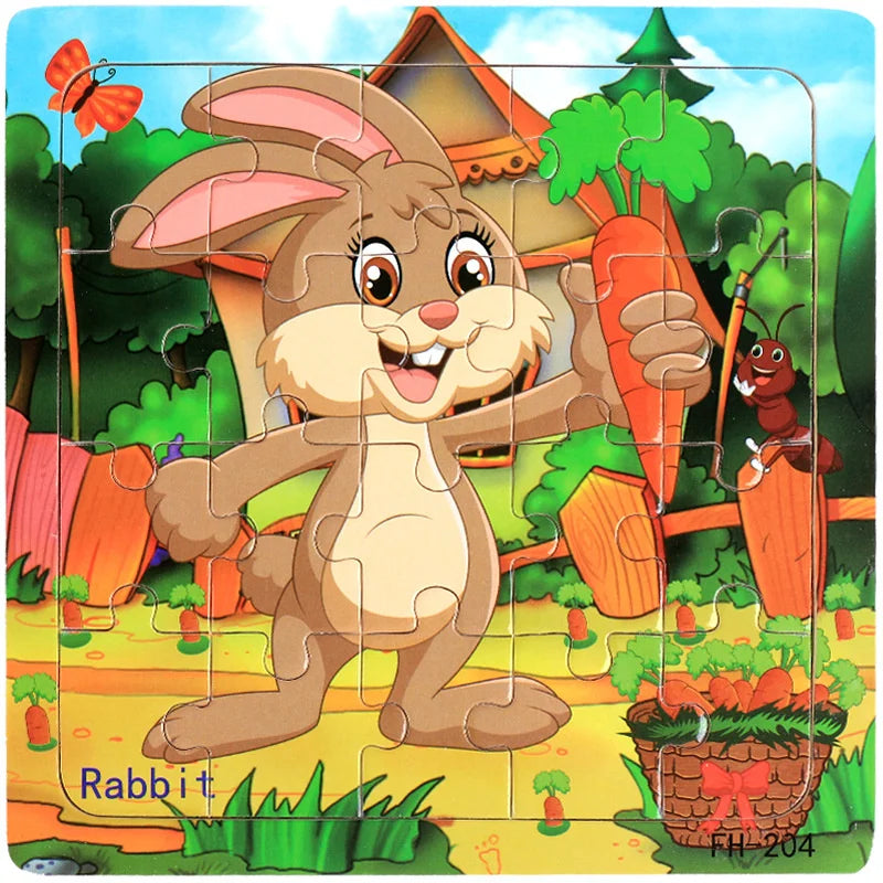 A jigsaw puzzle featuring a cartoon rabbit character in front of a wooden house and orange carrots.