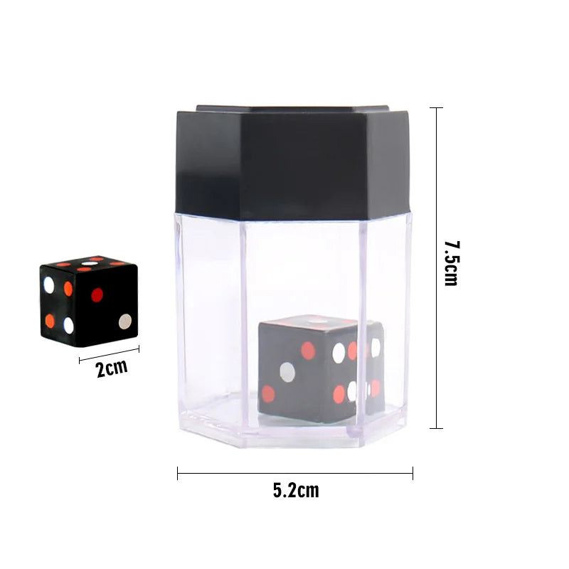 A clear plastic container holding black and white exploding dice cubes with a black lid.