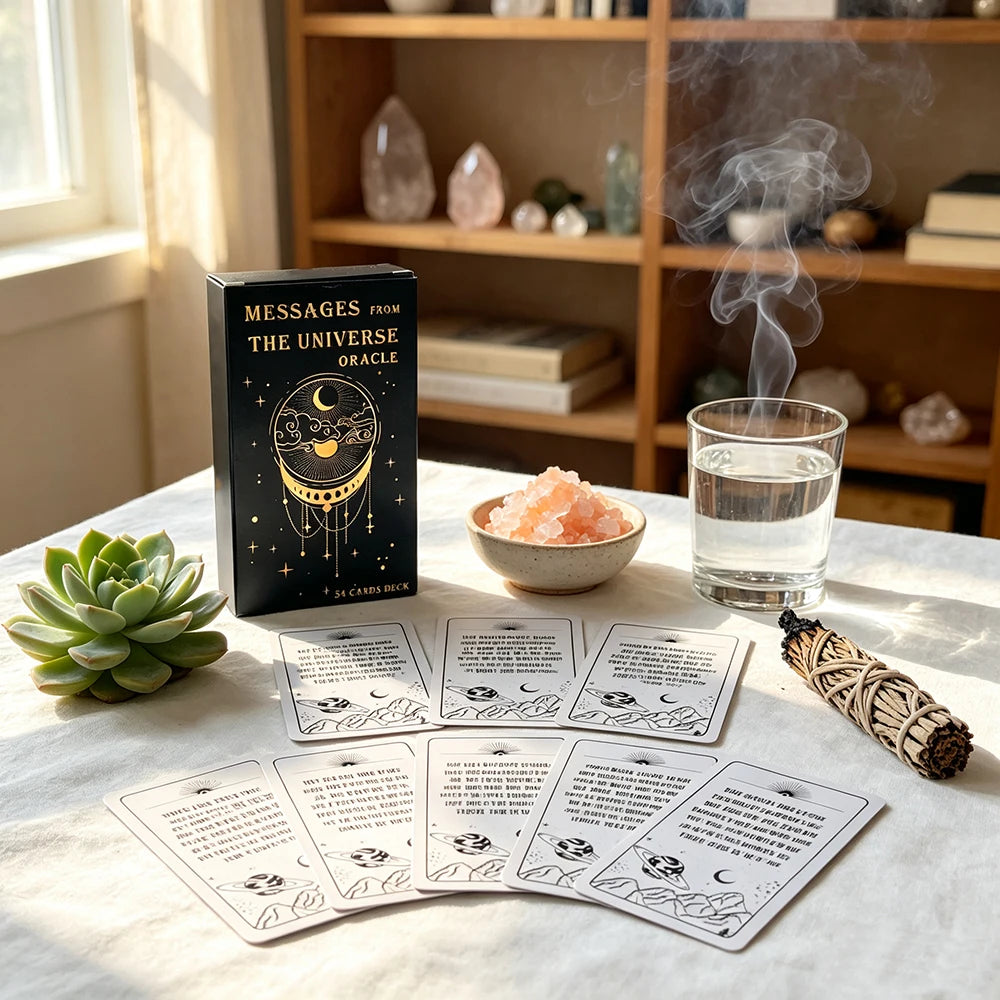 A set of Messages From The Universe Oracle cards displayed on a table next to a glass of water and incense smoke.