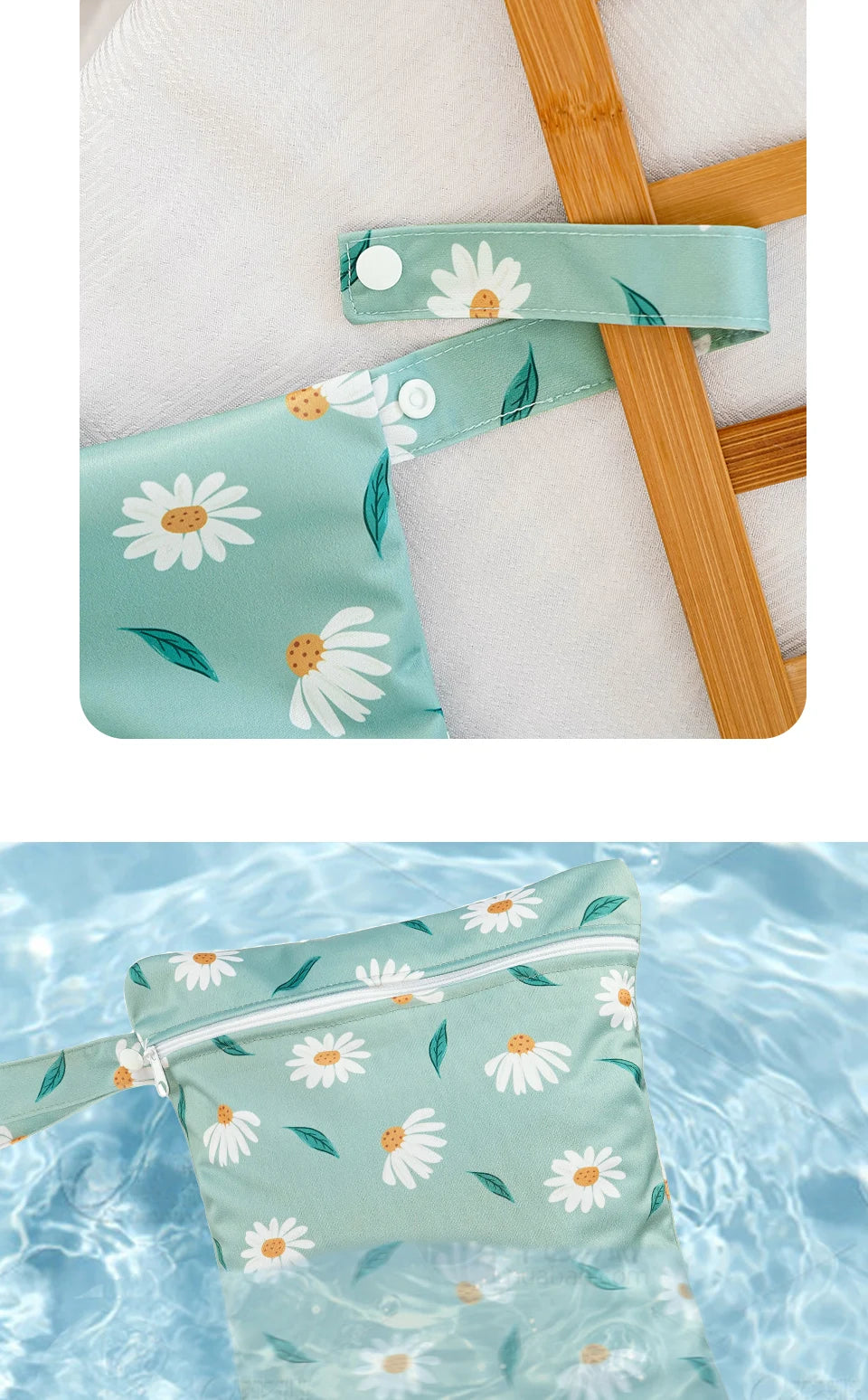 A teal floral waterproof wet and dry bag set featuring daisy and leaf patterns.