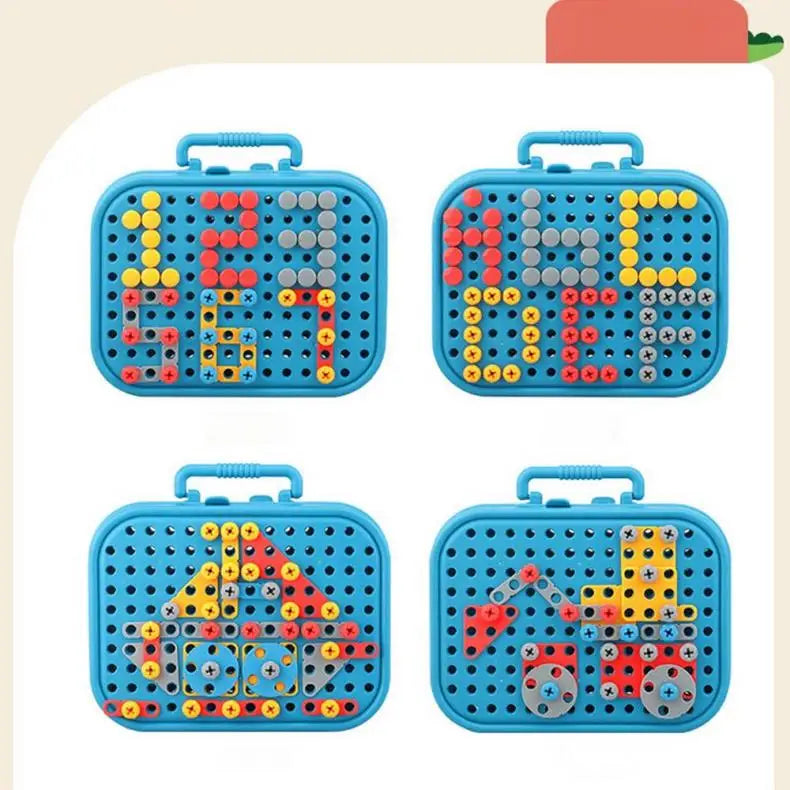 A set of colorful plastic dinosaur drill and screw building toys with an electric drill.