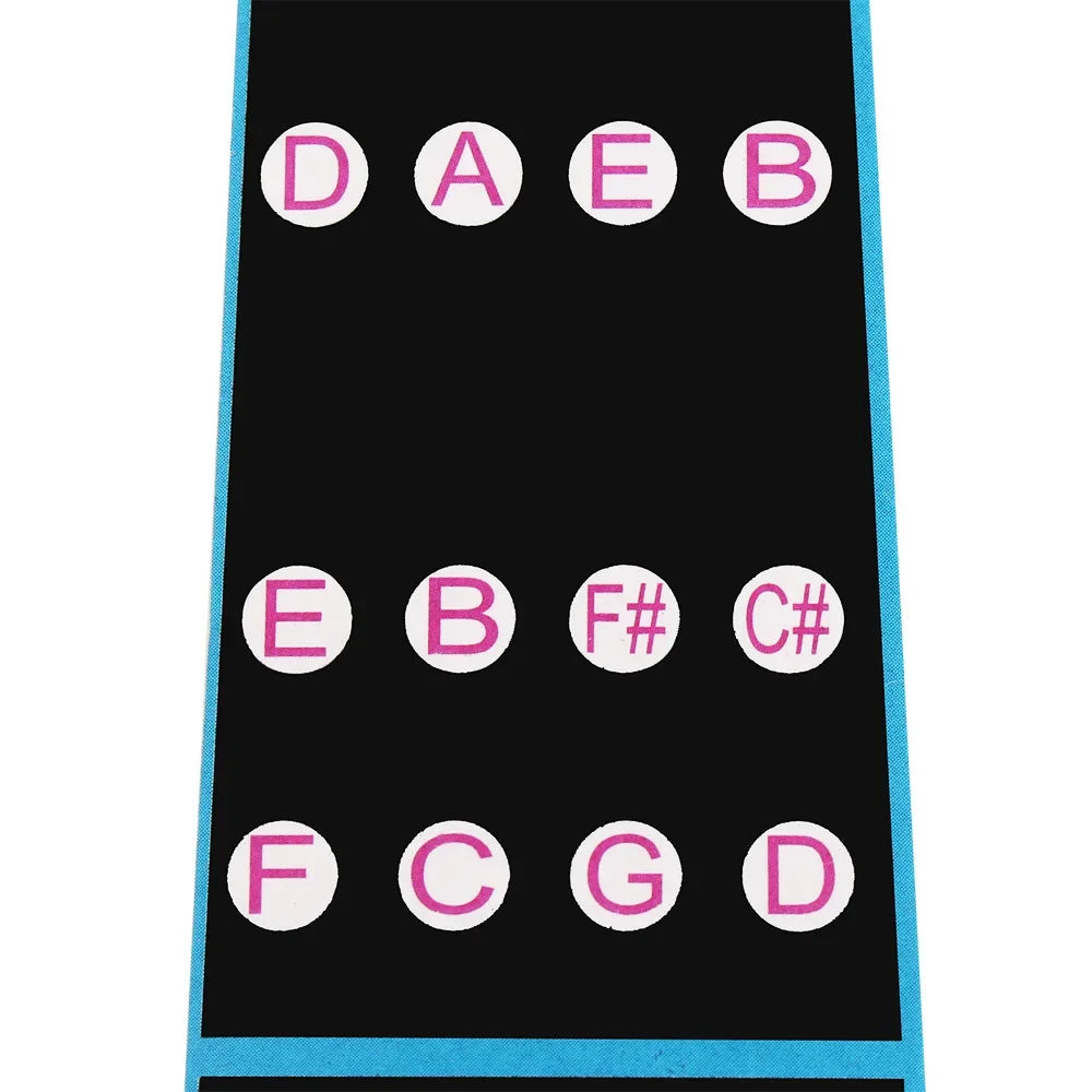A set of white and pink note stickers labeled with musical notes D, E, B, F, C, G, and D arranged in a vertical line.