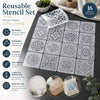 A set of 16 reusable mandala art stencils in black on white, displayed on a dark surface.