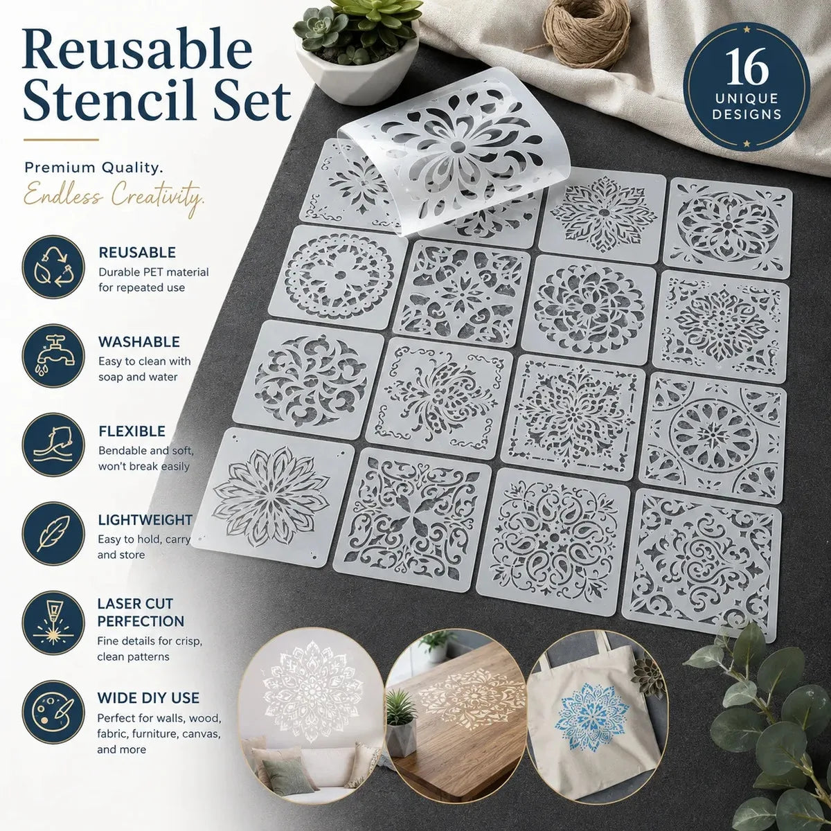 A set of 16 reusable mandala art stencils in black on white, displayed on a dark surface.