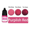 A set of purple shades of Purplish Red liquid candle wax pigment in dropper bottles showing one, five, and ten drops.