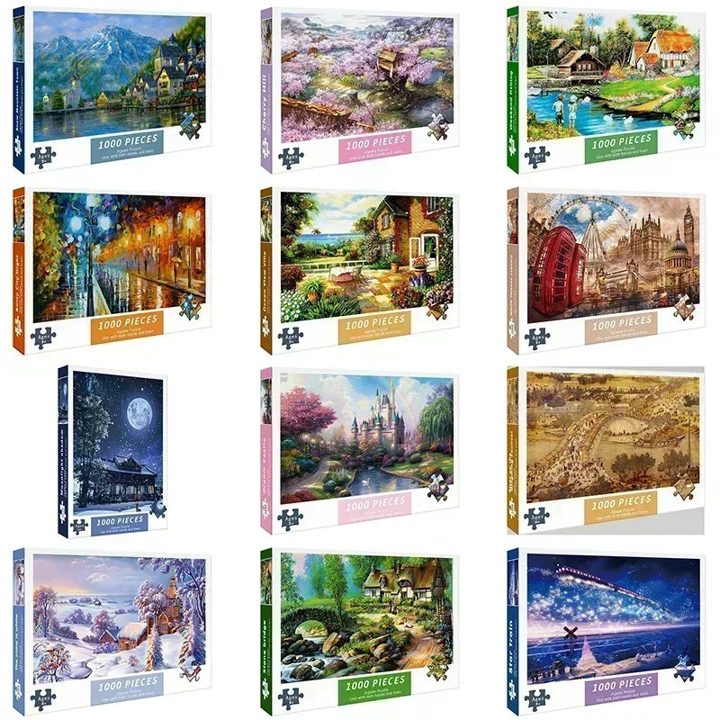 A collection of 1000-piece jigsaw puzzles featuring beautiful horses in various scenic landscapes.