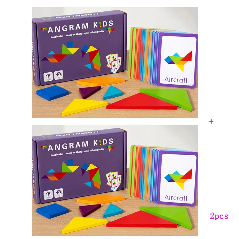 A box of Angram Kids wooden puzzle blocks in various colors and shapes, including triangles and trapezoids.