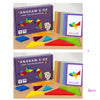 A box of Angram Kids tangram puzzle set with colorful wooden shapes and cards showing an aircraft