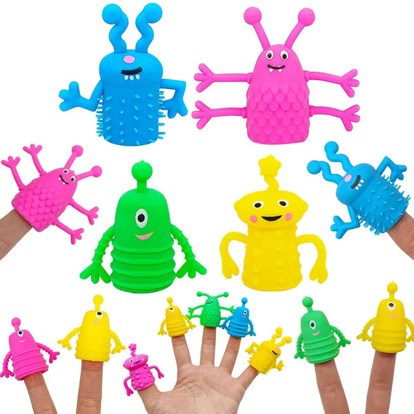 A collection of colorful silicone fidget finger toys shaped like sea creatures and other animals.