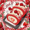 A slice of red velvet cake decorated with cream and strawberries, presented on a black platter.