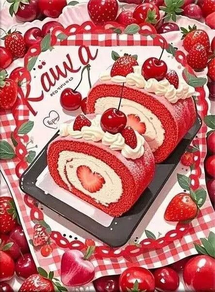A slice of red velvet cake decorated with cream and strawberries, presented on a black platter.