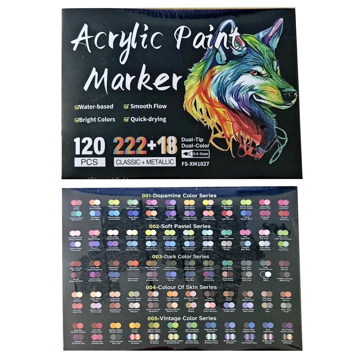 A set of 120 Dual-Tip Acrylic Paint Markers featuring various color series including Dopamine, Soft Pastel, Dark, Skin, and V