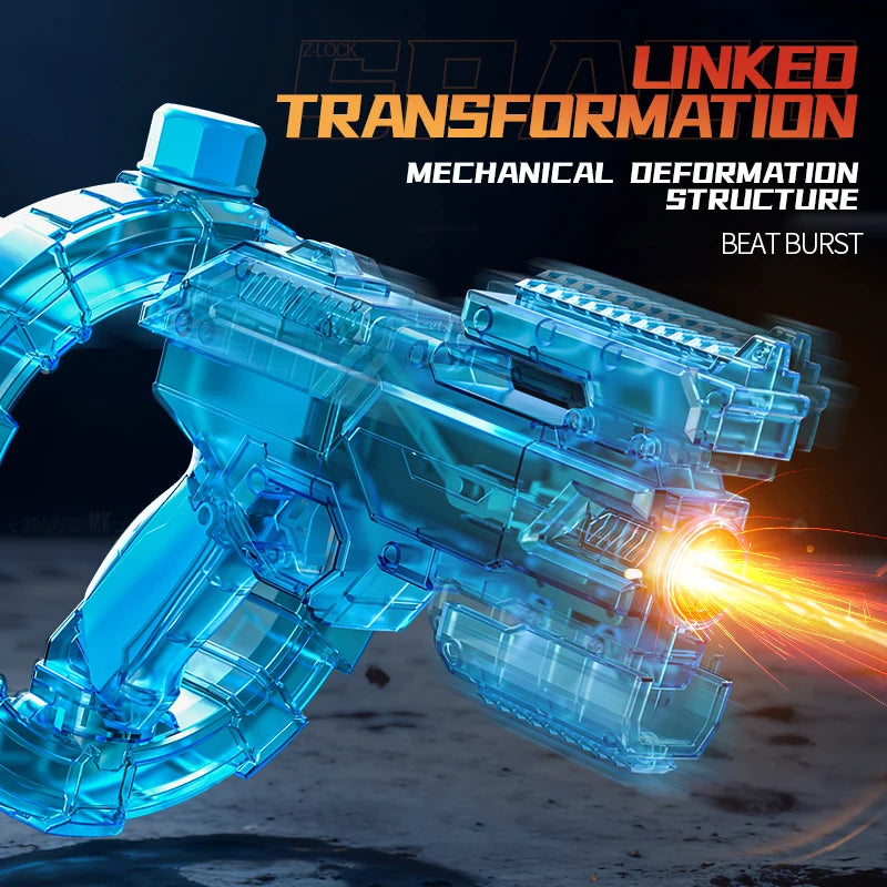 A blue plastic water blaster is shown in action, demonstrating mechanical deformation and a beat burst effect.