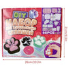 A box containing a DIY squishy making kit with various molds and ingredients for creating cat paw shapes.