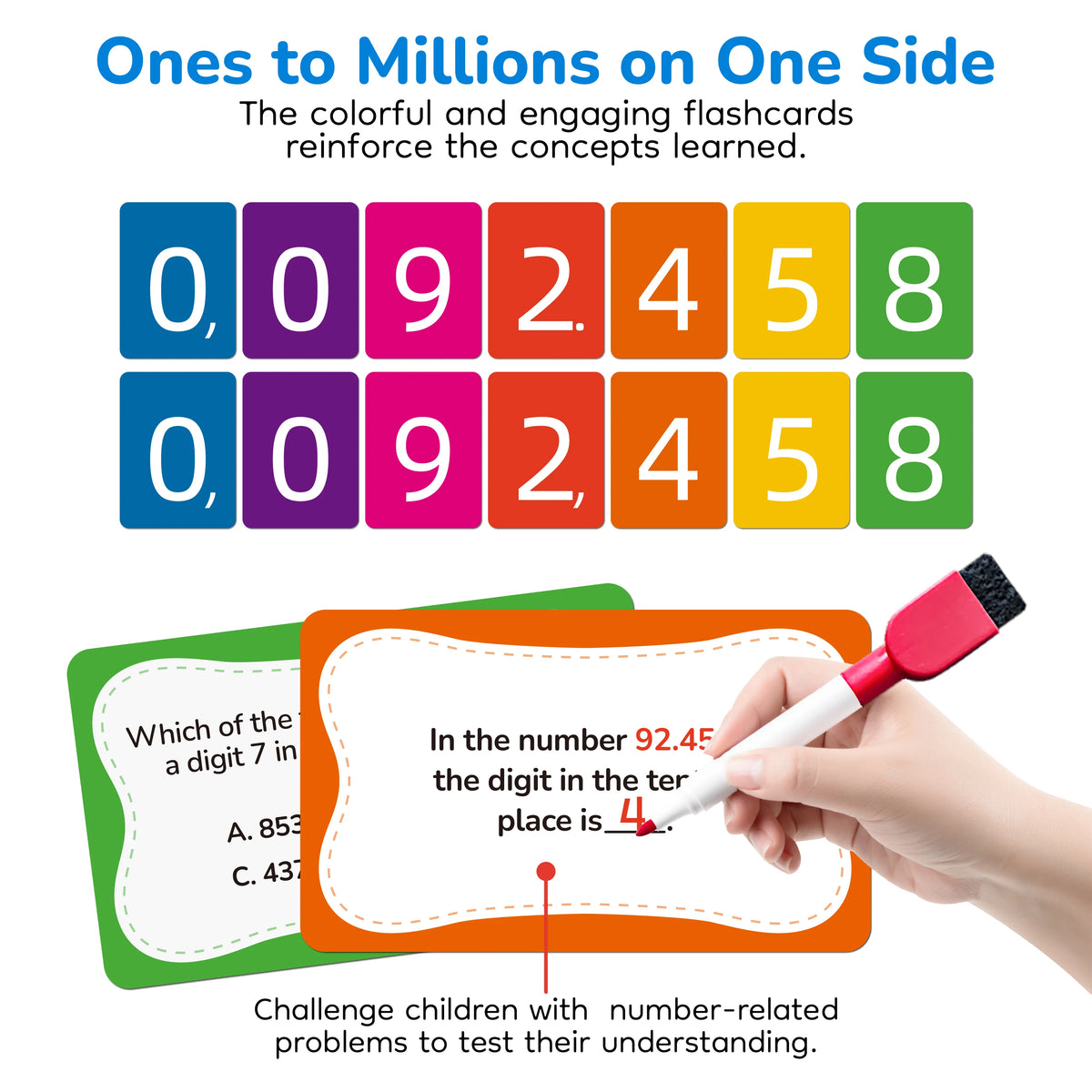 Colorful flashcards showing numbers on one side used to reinforce concepts.
