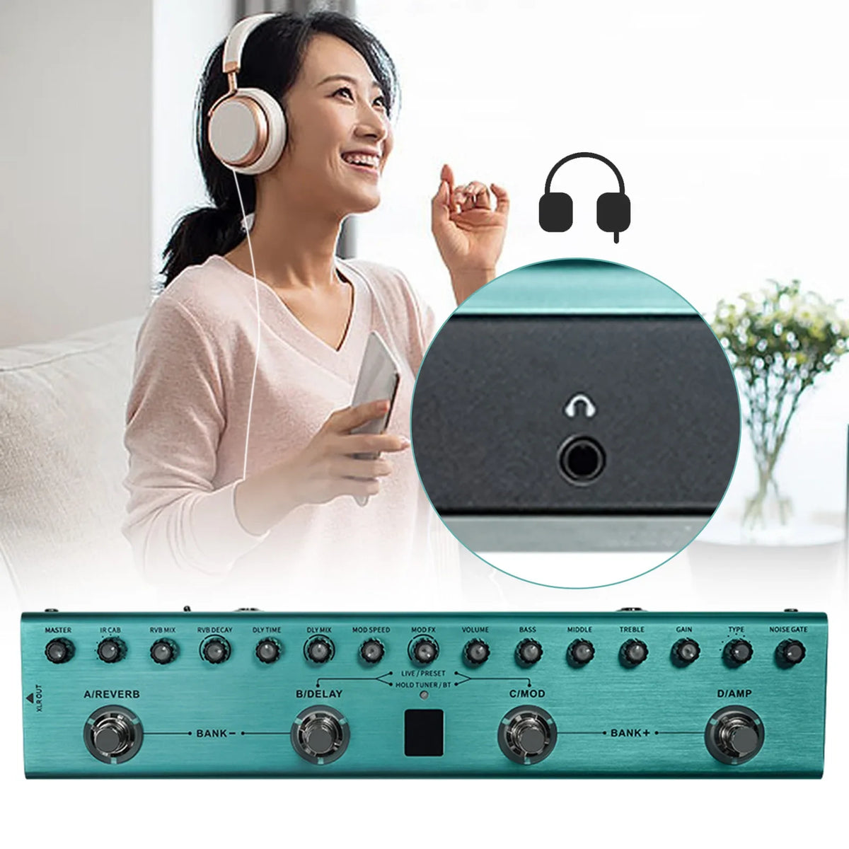 A teal multi-effects pedal with knobs and switches is shown in a studio setting next to a woman.