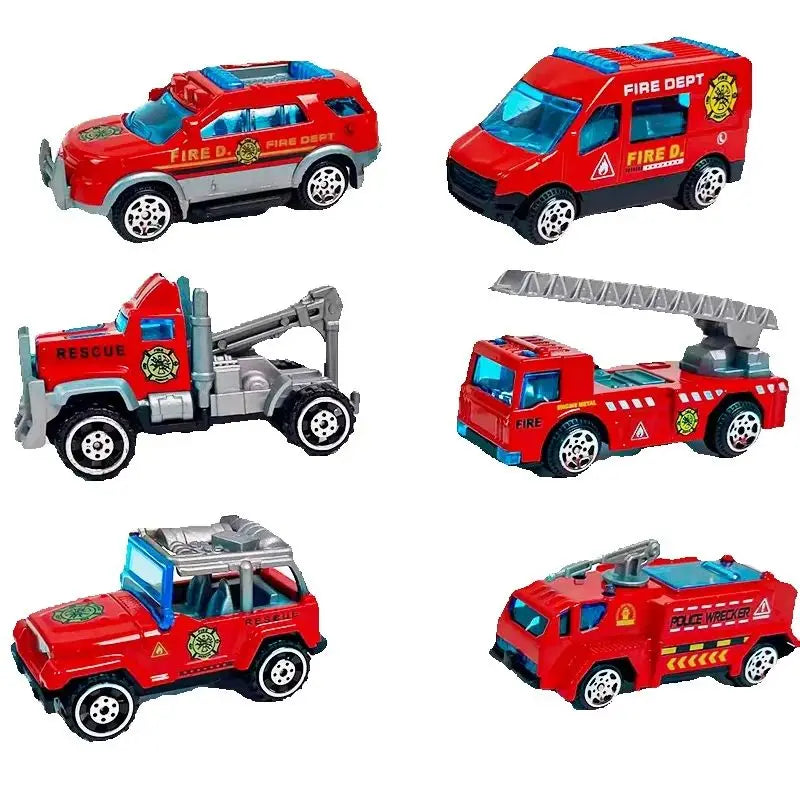 A set of die-cast fire fighting vehicles including a red fire truck, a rescue truck, and a ladder truck.