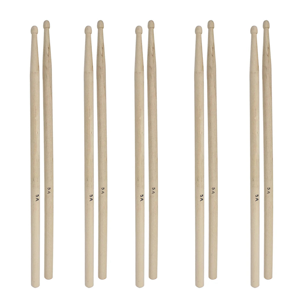 A set of three maple wood drumsticks labeled 5A, 5B, and 7A standing vertically.