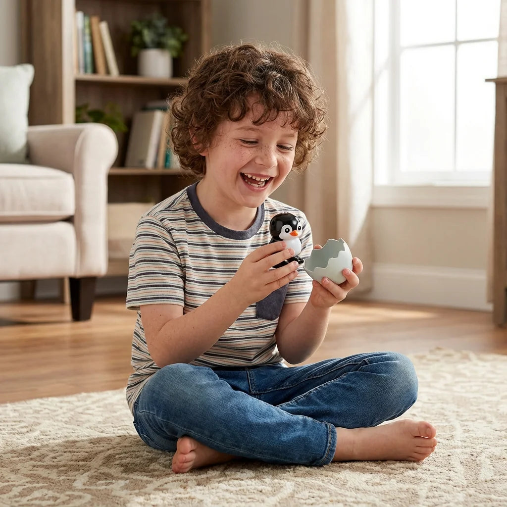 A young boy is playing with a white wind-up bouncing chick toy on a light rug.