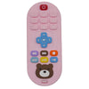 A pink silicone remote control toy featuring a keypad and buttons, shaped like a bear face.