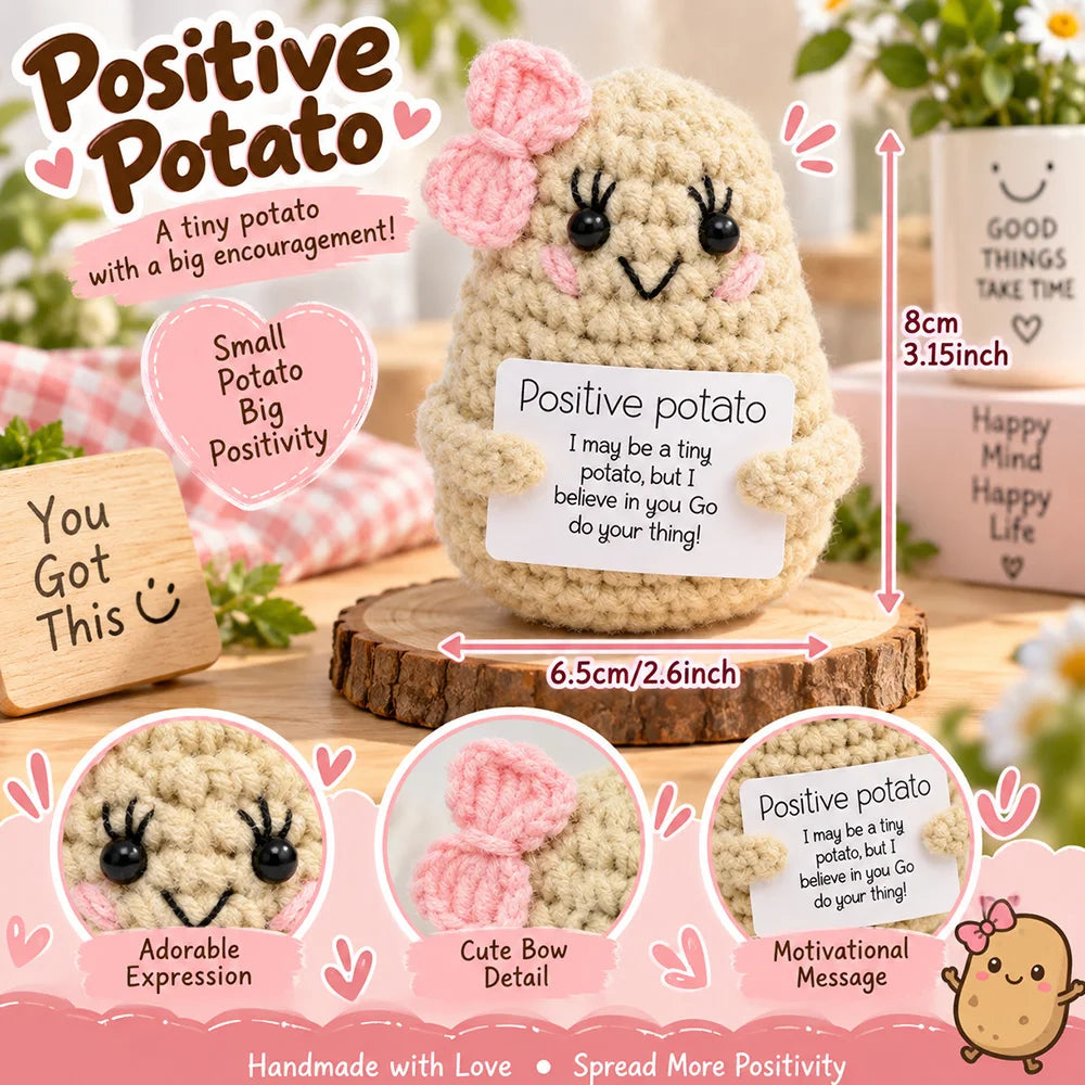 Handmade crochet potato doll with a motivational message card