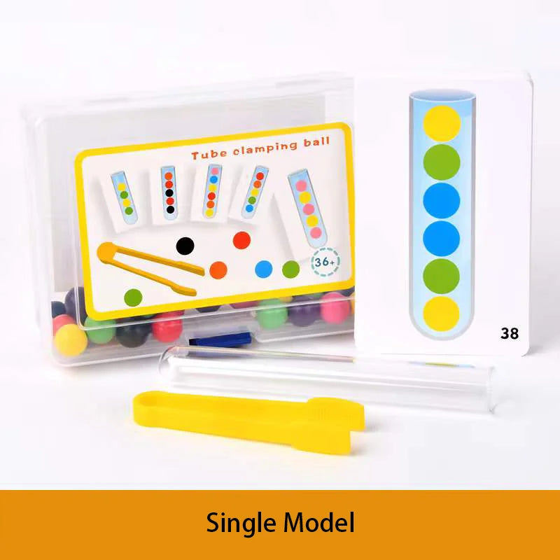 A set of tube clamping balls and a wooden clip beads game for fine motor skills.