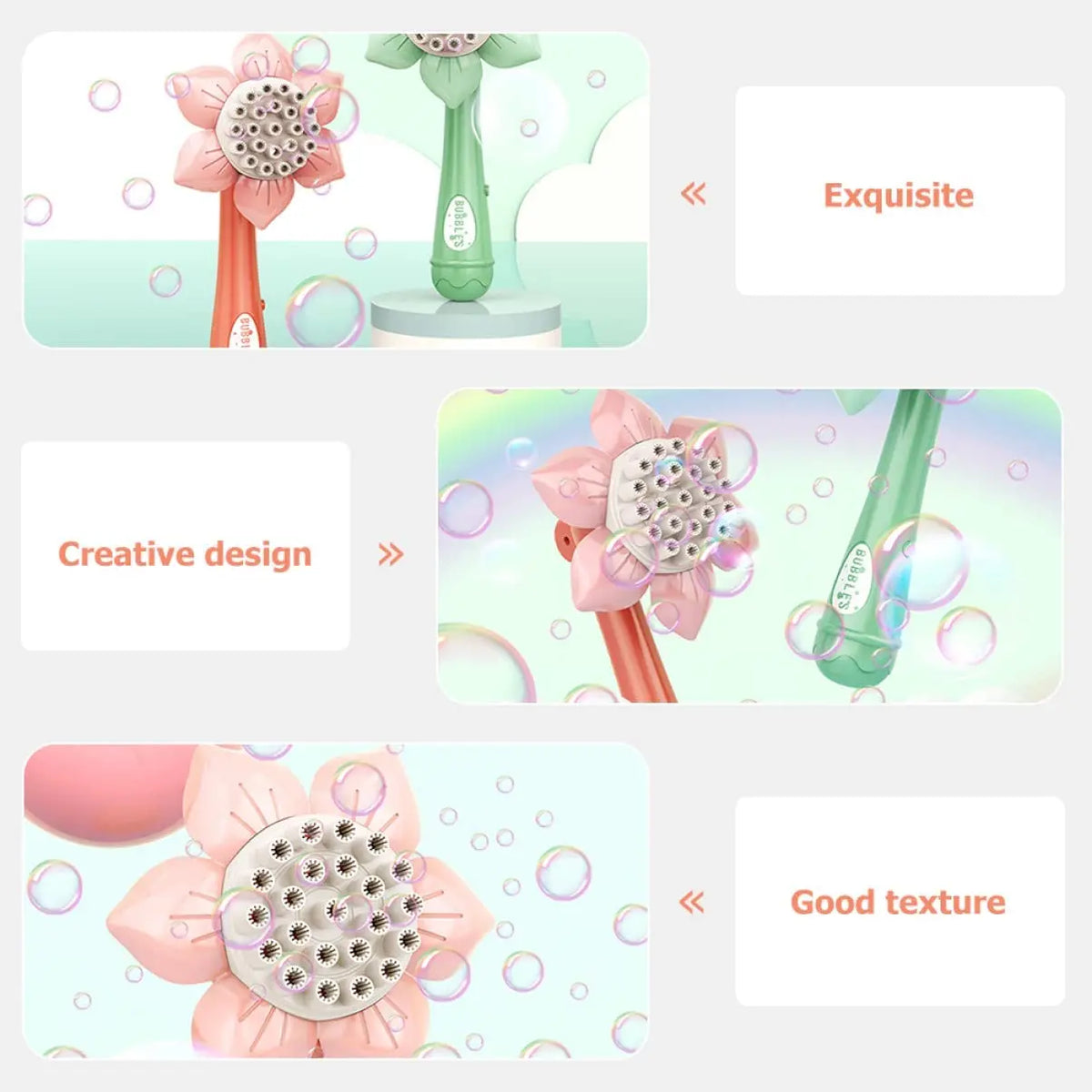 A pink sunflower-shaped bubble blower toy with a green handle and iridescent bubbles.