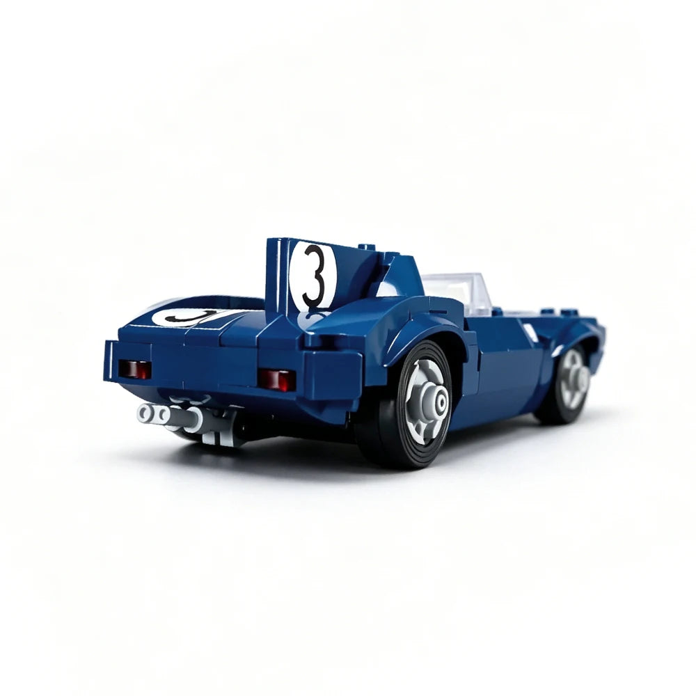 A blue building block set depicting a race car with the number 3 on the roof.