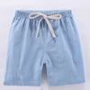 Light blue kids cotton-linen summer shorts with a beige drawstring