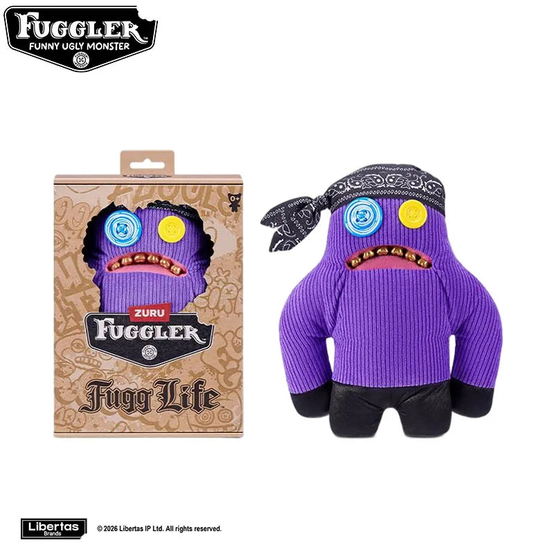 A purple plush toy of a monster with large eyes and a wide mouth, packaged for sale.