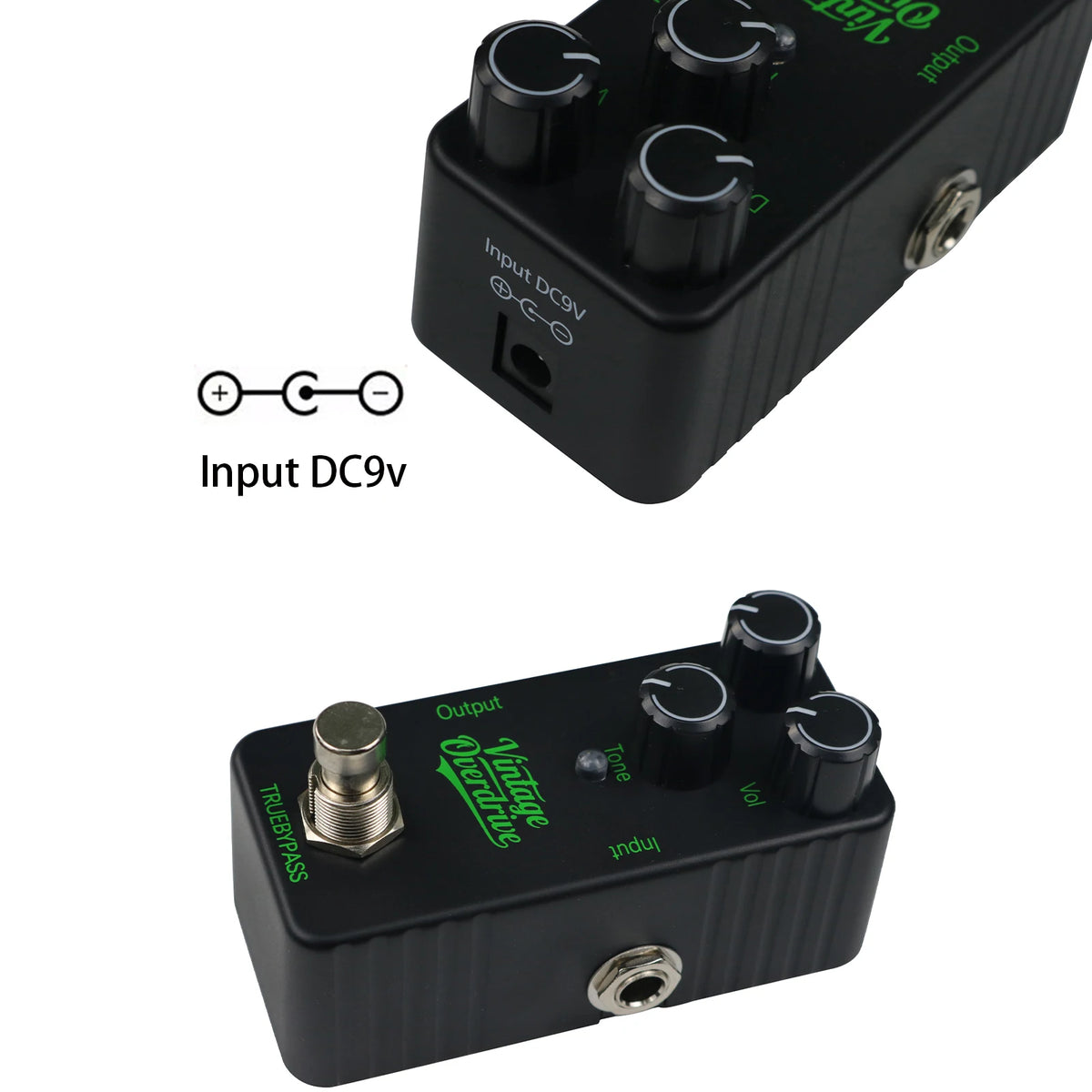 A black mini guitar effects pedal with input and output jacks and various tone controls.