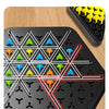 A black triangle board game setup showing players forming triangles with rubber bands to gain points.