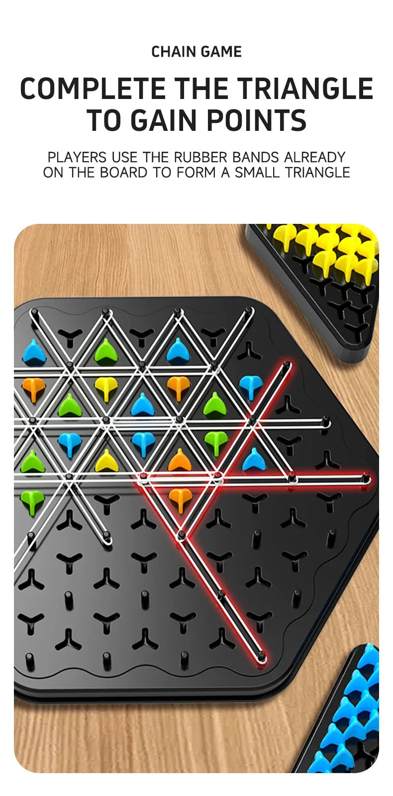 A black triangle board game setup showing players forming triangles with rubber bands to gain points.
